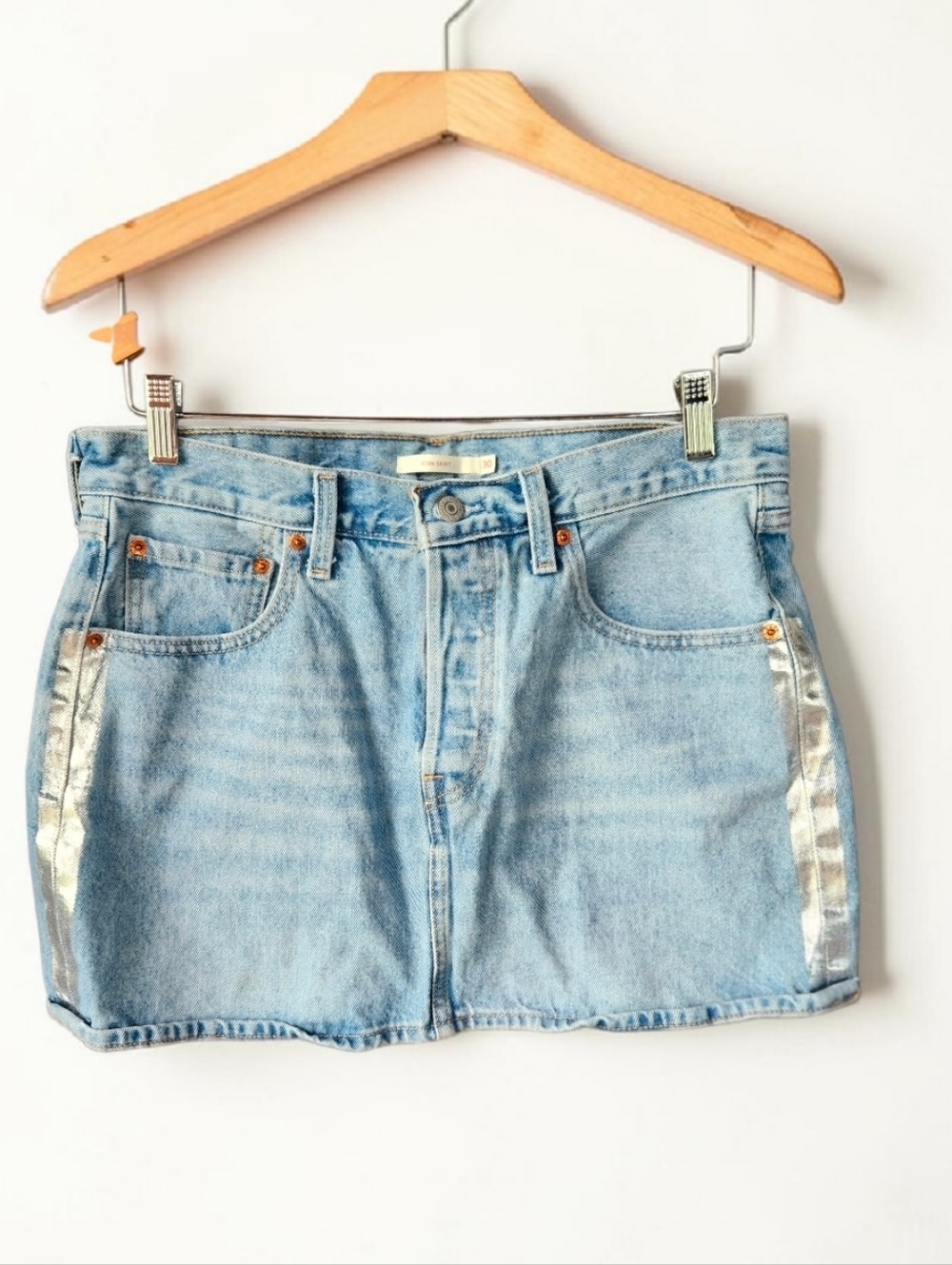Levi's Button Fly Icon Mini Jean Skirt Womens 30 Silver Stripe Light Wash Denim